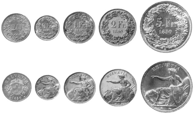Bild: Die ersten Schweizer-Franken-Münzen von 1850. Quelle:  Urs Altermatt (Hg.): Die Schweizer Bundesräte. Ein Biographisches Lexikon. Zürich 1991.